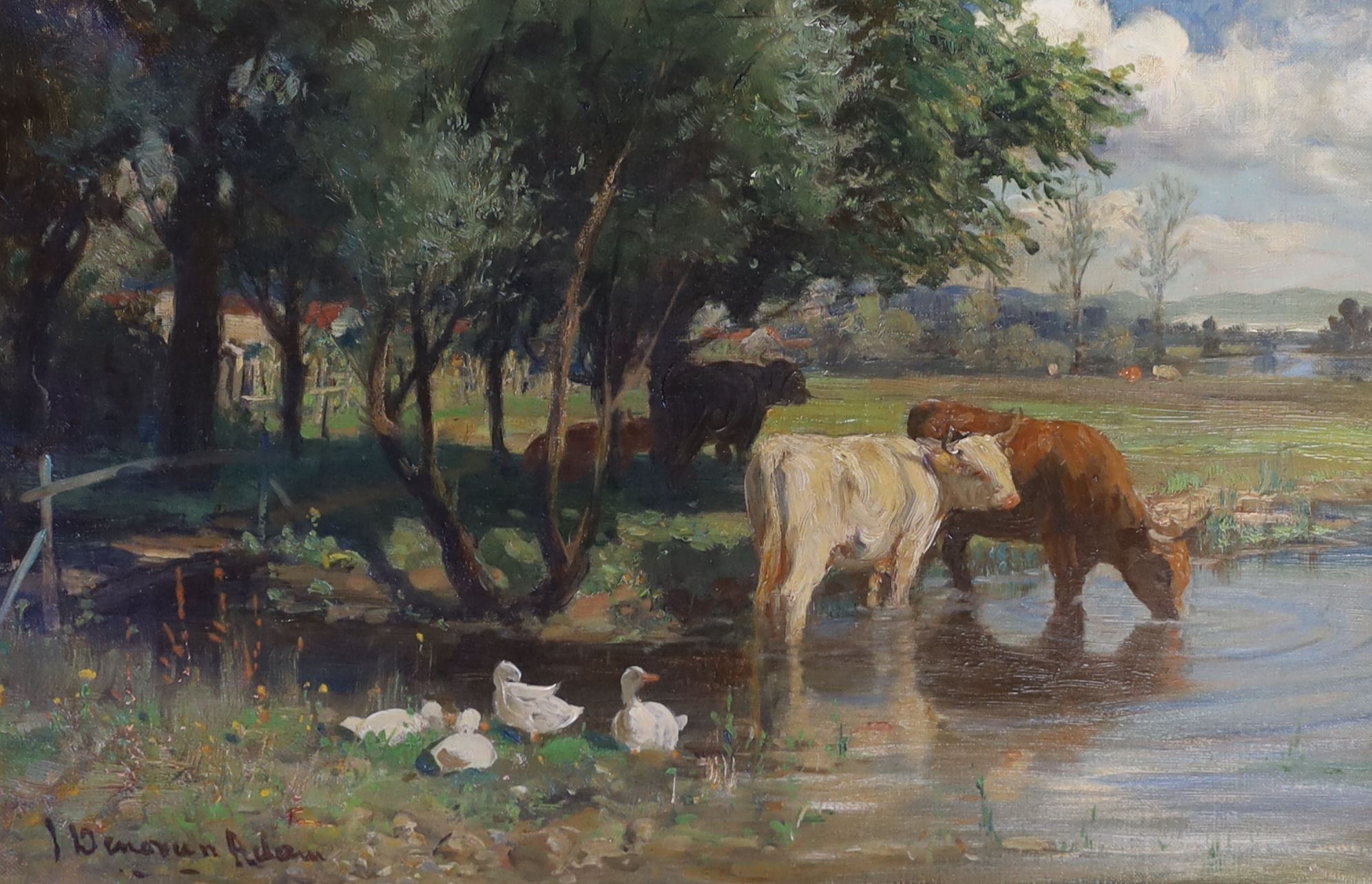 Joseph Denovan Adam (1842-1896), oil on canvas, Cattle and ducks beside a stream, signed, 30 x 45cm